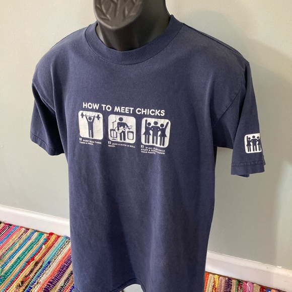 1999 How To Meet Chicks Funny Shirt Humor Comedy Navy Blue Medium - Picture 2 of 7